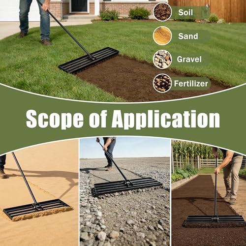 Lawn Leveling Rake, 30" x 10" Stainless Steel Head, Ergonomic Bent
