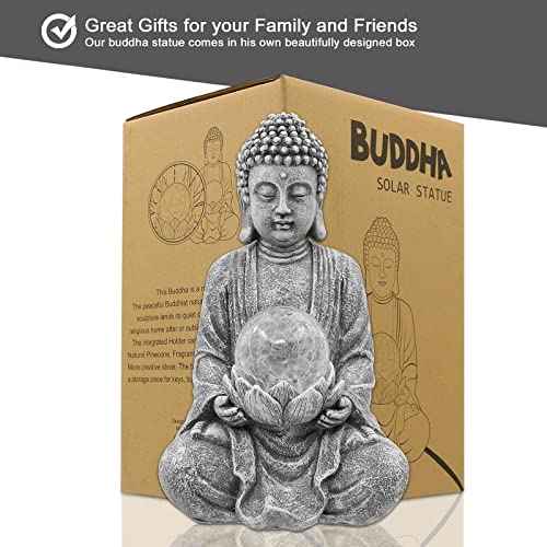 Meditating Buddha Statue with Solar Light,Zen Solar Garden Buddha with Cracked Glass Ball Sculpture-Indoor/Outdoor Decor for Balcony,Garden,Patio,Porch Yard Art Ornament,Gift