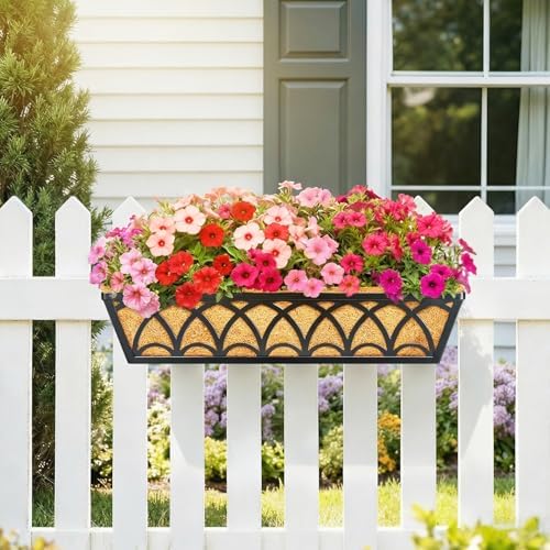 24 Inch Railing Planter Box Window Boxes Planters - 2 Pack Deck Railing Planter Boxes with Adjustable Brackets Coco Liners Balcony Planters Railing Hanging for Window Flower Boxes Outdoor Garden Decor