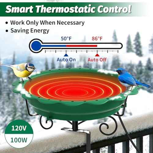 Heated Bird Bath for Deck Railing, Powerful 100W Thermostatically Controlled Heated Bird Baths for Outdoors for Winter, Heated Birdbath Water Heater for Outside Garden Yard Patio Lawn (Green)