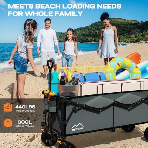 Uyittour 300L Extra Large Collapsible Foldable Wagon, 440lbs Load Capacity 48''L Extended Heavy Duty Folding Beach Wagon with Big All-Terrain Wheels, Utility Garden Cart for Outdoor Activities, Gray