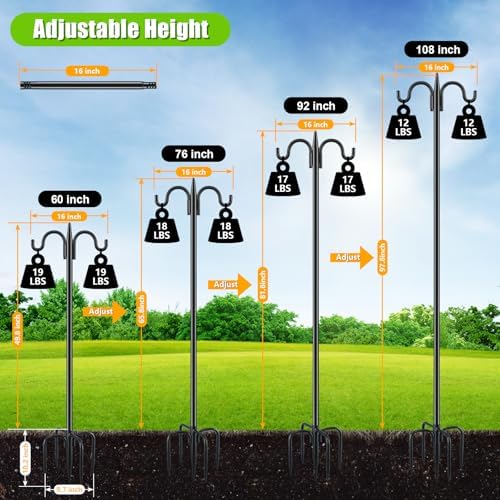 Gtongoko Bird Feeder Pole for Outdoors Heavy Duty, 92 Inch Double Shepherds Hook with 5-Prong Stable Base, 3/4 Inch Thick Hummingbird Feeder Stand for Hanging Plants, Lanterns, 1 Pack