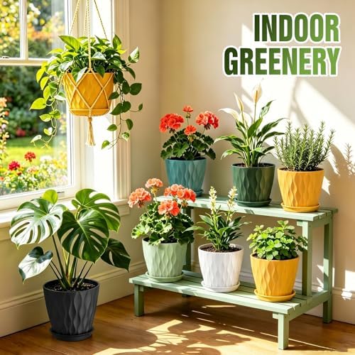 8 Inch Plant Pots 4 Pack Plastic Planters with Drainage & Saucers