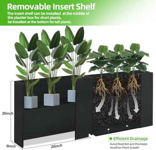 Metal Tall Long Planter Box Large Rectangular Planter Flower Pot with Drainage Holes for Indoor Outdoor Deck Porch Garden Home Patio Front Door (Black, 28" L x 9" W x 26" H)