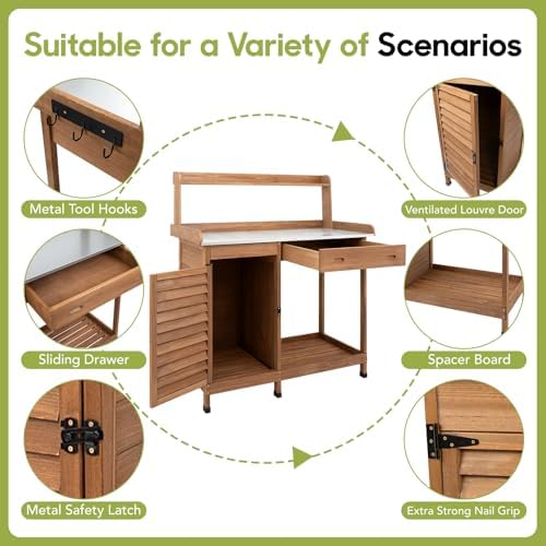 Outdoor Potting Bench Table, Wooden Weatherproof Garden Work Station with Sliding Drawer, Metal Table Top, Metal Hooks, Large Bottom Shelf, Open Shelf, Tool Hooks
