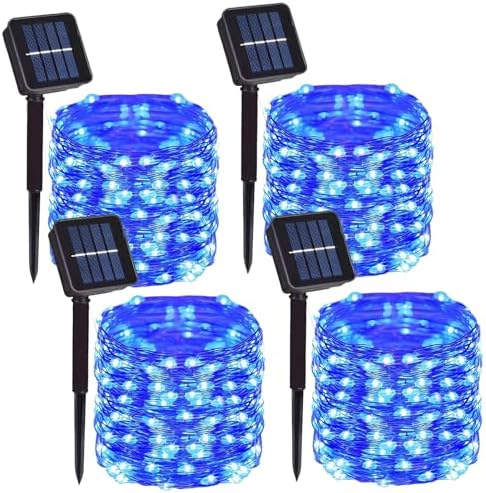 4 Pack Solar Fairy String Lights, 400 LED Blue Christmas Copper Wire