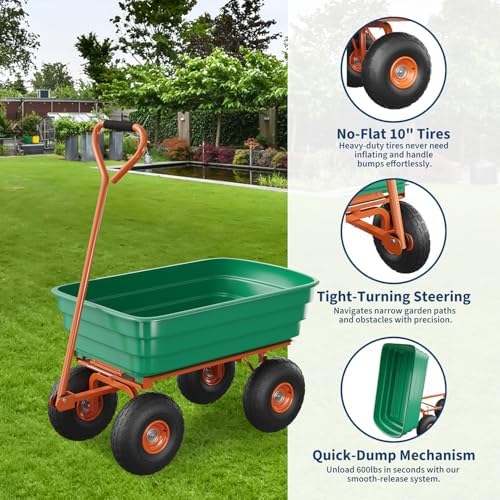 Heavy Duty Yard Wagon Dump Cart - 4 Cu Ft 1200Lbs Capacity Utility Wagon with 10" No-Flat Tires,Garden 4 Wheel Cart,180° Rotating Handle for Garden, Landscaping, Farming