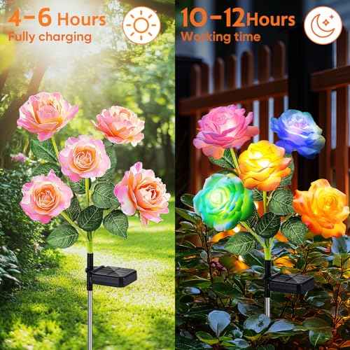 Solar Flower Lights Rose Decor: 6 Pack Solar Garden Lights Outdoor | Color Changing, Auto on off for 12-15h Lighting, IP65 Weatherproof, High-Efficiency Solar Panel for Yard Pathway Patio Decor