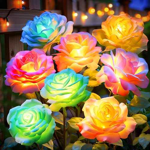 Solar Flower Lights Rose Decor: 6 Pack Solar Garden Lights Outdoor | Color Changing, Auto on off for 12-15h Lighting, IP65 Weatherproof, High-Efficiency Solar Panel for Yard Pathway Patio Decor