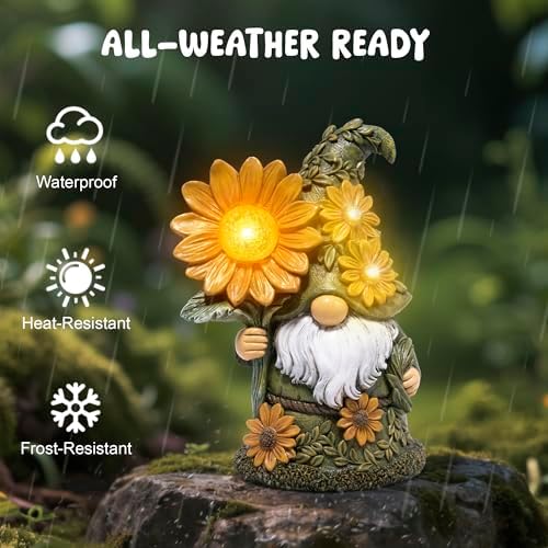 basen Solar Garden Gnome with Glowing Daisy Flower, Outdoor Solar Gnome Figurine for Yard Lawn Patio, Hand-Painted Resin Garden Statue Decor with LED Light for Landscape, Garden Gift for Mom Grandma