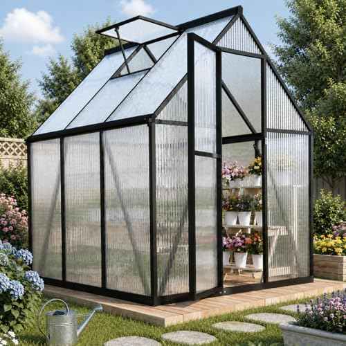 6 x 6 FT Polycarbonate Greenhouse with Roof Vent, Charcoal Black