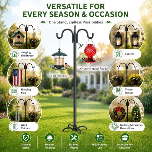 Gtongoko Bird Feeder Pole for Outdoors Heavy Duty, 92 Inch Double Shepherds Hook with 5-Prong Stable Base, 3/4 Inch Thick Hummingbird Feeder Stand for Hanging Plants, Lanterns, 1 Pack