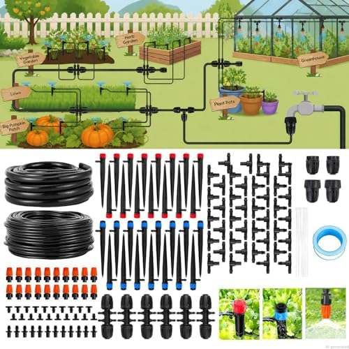 240FT Drip Irrigation System kit, Upgrade Automatic Garden Watering Kit with 1/2 inch Main Tubing ＆1/4 inch Distribution Hose, Quick-Connect Drip Irrigation Kit for Raised Bed, Greenhouse, Lawn, Patio