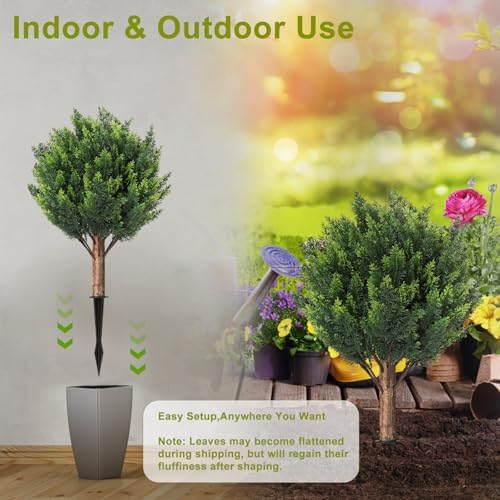 24''Artificial Cedar Topiary Ball Trees for Outdoor,2 Pack Greenery Cypress Tree Plants with Ground Spike,UV Resistant Faux Pine Bushes Shrubs for Garden,Porch,Front,Patio