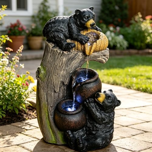 Bear Outdoor Water Fountain with LED Lights, 23.62" Cascading Fountain for Patio, Yard, Balcony, Garden Decor, Weather-Resistant Resin, Soothing Water Flow (Brown Grey)