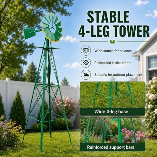 8FT Windmill for Yard Garden Decoration，Heavy Duty Outdoor Wind Mills, Large Metal Outdoor Windmill, Weather Resistant,Green