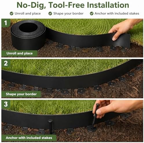 33 FT Garden Edging Border, 2 Inch Flexible Landscape Edging Kit with 30 PCS Stakes, No-Dig Tool-Free Plastic Lawn Border for Flower Beds, Yard Pathways, Landscaping Projects & Outdoor Garden Decor