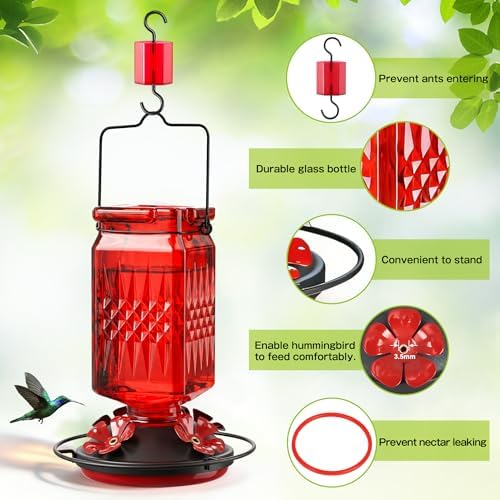 20oz Glass Hummingbird Feeder for Outdoors Hanging, Bird Nectar Feeder with 4 Bee Guard Flower-Shaped Feeding Ports & Built-in Ant Moat, for Bird Lover, Red (2 Pack)