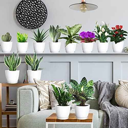 SwinDuck Plant Pots, 12 Pack 6 inch Modern Plastic Planters with Drainage Holes and Saucers for Indoor Outdoor Plants and Flowers, White