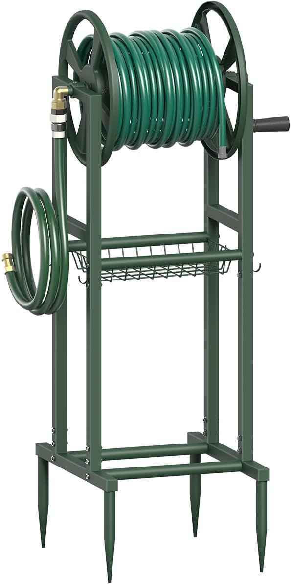 Freestanding Garden Hose Reel holds 125ft Hose of 5/8" with 4 Hooks, 4-Spike Outdoor Hose Holder with 3.9ft Leader Hose & Brass Fitting, Detachable Metal Hose Stand with Storage Rack, Green