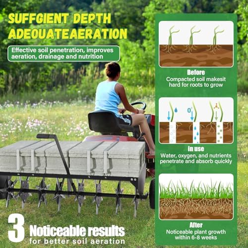 Doniks 52-Inch Tow Behind Lawn Plug Aerator with Universal Hitch, Lawn Aerator Tow Behind with 40 Galvanised Steel Tines,Tray and Inflatable Wheels for Gardens, Lawns, Farms