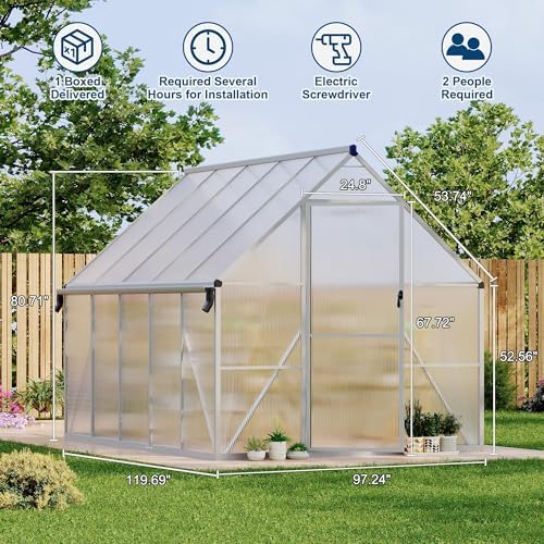 8x10 FT Greenhouse for Outdoors, Polycarbonate Greenhouse with Roof Vent, Lockable Door, Aluminum Walk-in Green Houses for Outside Garden Backyard, Sliver
