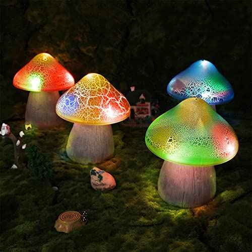 4 Pcs Solar Mushroom Light Outdoor Crack Solar Garden Decor Light 4.7x5.7 Inch Summer Stake Lamp Waterproof Mushroom Pathway Landscape Lamp Garden Gnomes Backyard Flower Bed Yard Lawn Pathway