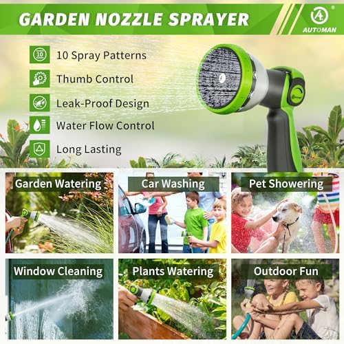 AUTOMAN Garden Hose Nozzle Sprayer - 10 Spray Patterns, Thumb Control On Off Valve, Durable Water Nozzle, Extra 4 Washers, for Watering Garden, Cleaning, Washing Car, Showering Pets Lawngreen