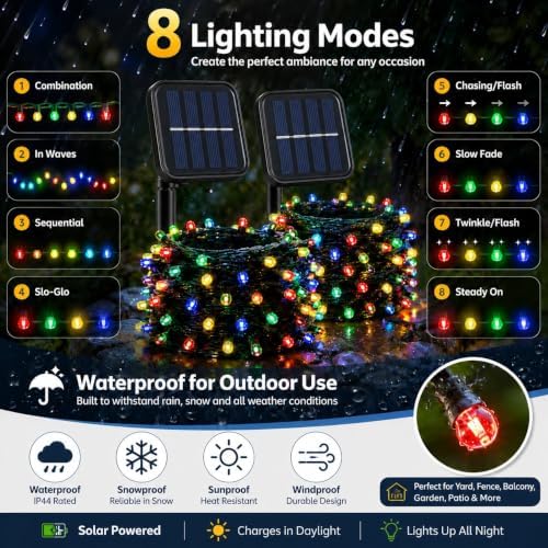 2 Pack Solar Multicolor String Lights Outdoor, Total 200 LED Each 40Ft with 8 Lighting Modes for Yard, Fence,Balcony, Party,Christmas Tree Decorations (Multicolor)