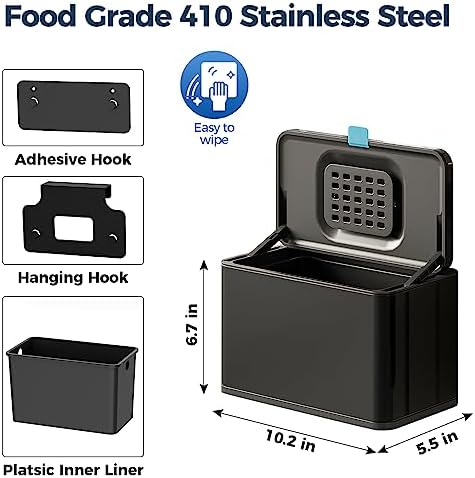 Stainless Steel Hanging Trash Can with Lid and Inner Bucket, 1 Gallon Kitchen Compost Bin for Counter Top, Under Sink or Wall Mount, Small Garbage Can for Cupboard/Bathroom/Bedroom/RV, Black