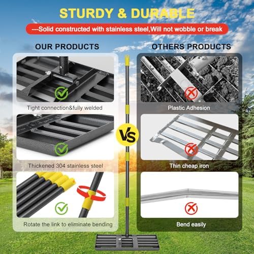 Lawn Leveling Rake - Heavy Duty 30"x10" Stainless Steel Leveler Plate,Reinforced Welds,28-60" Adjustable, Anti Flipping Smooth Edge,for Soil, Dirt,Ground,Yard Top Dressing,Landscaping