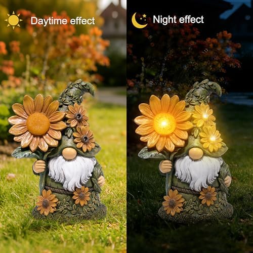basen Solar Garden Gnome with Glowing Daisy Flower, Outdoor Solar Gnome Figurine for Yard Lawn Patio, Hand-Painted Resin Garden Statue Decor with LED Light for Landscape, Garden Gift for Mom Grandma