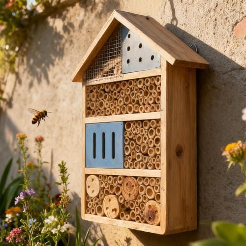 Lovebirds Natural Wooden Insect House, Cottage-Style bee Houses for the Garden - Weatherproof Insect Hotel Garden Decor for Backyard/Patio