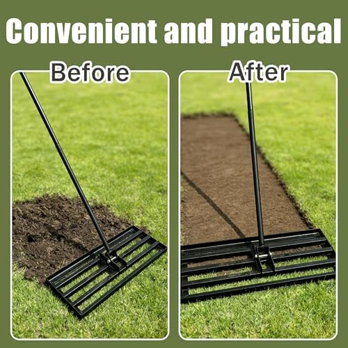 Lawn Leveling Rake, 30" x 10" Stainless Steel Head, Ergonomic Bent