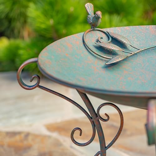 Zaer Ltd. Deep Metal Birdbath with 2 Cast Iron Birds on Rim, Branch and Leaf Detail in Basin, and Porcelain Ball Accent Decoration on Stand (Aged Bronze)