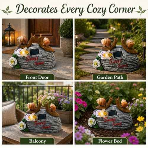 Solar Garden Snail Statue with Sweet Home Sign, Cute Resin Snail Outdoor Decorations with Bee Light for Patio Yard Lawn Porch, Housewarming Gifts for Mom Women