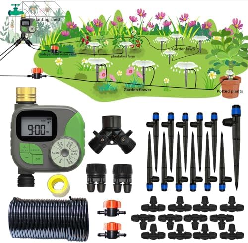 64FT Drip Irrigation Kit with Garden Timer Plant Watering System with Tubing Gushing Nozzles and Water Timer, Quick Connector Kits Easy to Assemble
