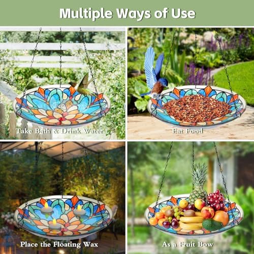 MUMTOP Hanging Glass Bird Bath Outdoors Bird Water Bowl Feeder Garden Decor