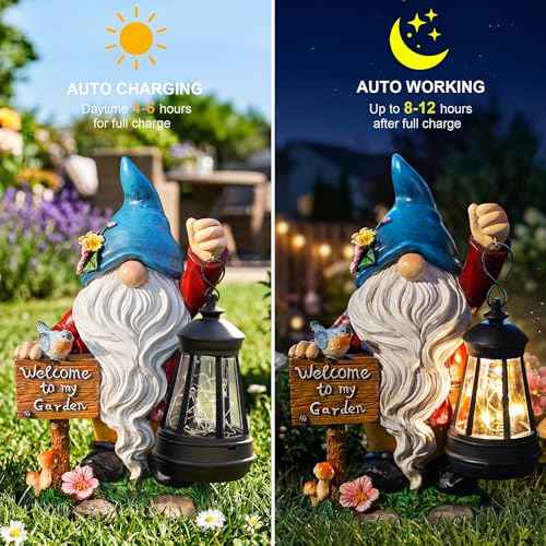 Garden Gnome Statues Figurine Lights - Solar Powered Lighting Outdoor Decorations with Lantern & Welcome Sign, Yard Art Lawn Ornaments for Porch Patio Balcony - Gnome Gifts for Women Mom