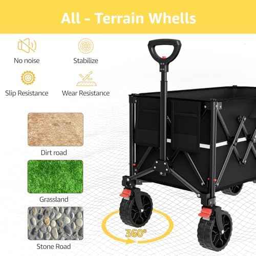 ROSONG Collapsible Wagon Cart with Wheels Foldable - Folding Utility Heavy Duty Wagons Carts for Grocery Sports Garden Shopping Camping Wheelbarrows (Black, 150L)