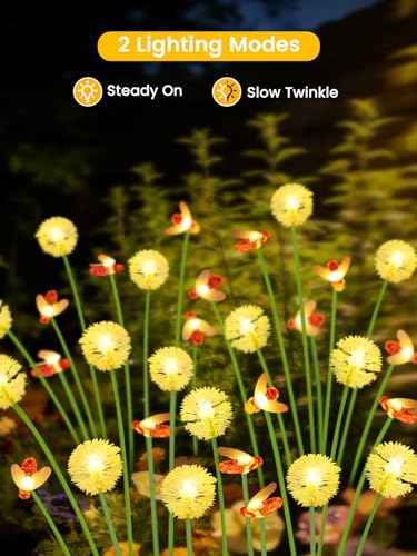 Solar Garden Lights Outdoor 6 Pack 48 LED Swaying Dandelion Bee Lights | 2 Modes (Steady on, Slow Twinkle),Cute Flower Pathway Lights for Yard Lawn Patio Party Garden Wedding Pathway Decorations