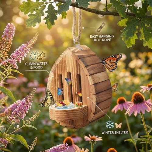 Butterfly House Butterfly Habitat Garden - Wooden Butterfies Houses with Feeder Hanging Garden Decoration Natural Butterfly Habitat Nesting Box for Butterflies Bugs Moths & Lacewings