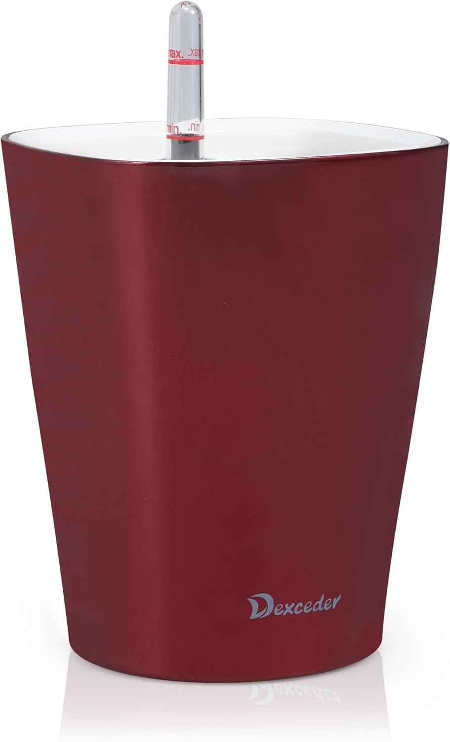Dexceder 6x7 Self Watering Planter Indoor Outdoor, High Gloss Table Flower Plant Pot with Water Level Indicator (Wine Red)