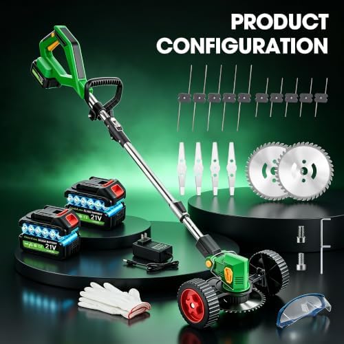 20000RPM Cordless Weed Wacker, 11" Cutting Range 4-in-1 Battery Powered Weed Eater, 21V Lightweight Brush Cutter, 800W String Trimmer Lawn Edger with 2 Batteries & LED Display