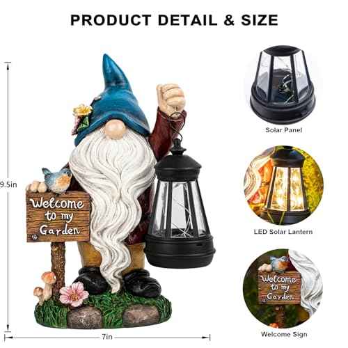 Garden Gnome Statues Figurine Lights - Solar Powered Lighting Outdoor Decorations with Lantern & Welcome Sign, Yard Art Lawn Ornaments for Porch Patio Balcony - Gnome Gifts for Women Mom