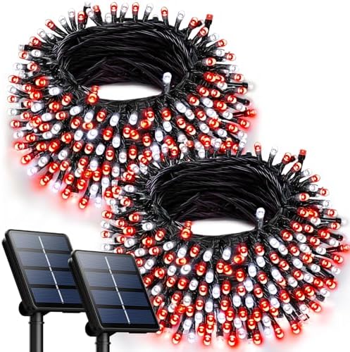 2PK 240LED 95FT Solar Christmas Lights - Outdoor Waterproof, Green Wire Solar Tree Lights with 8 Lighting Modes for Xmas Wedding Party Decorations (Red White)