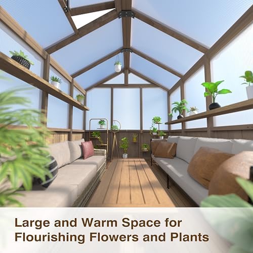 Mupater 6 x 8 FT Wooden Polycarbonate Greenhouse with Ventilated Window and Lockable Door, 6mm MWPC Panels for UV Protection, Walk-in Greenhouse for Outdoors, Backyard, Brown