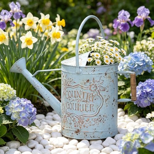 Vintage Metal Watering Can with Country Corner Floral Emboss & Wooden