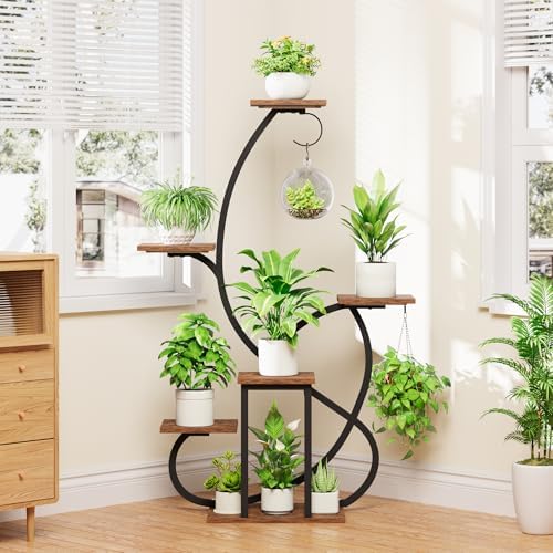 Metal Curved Shaped 6 Tier Corner Plant Stand with Grow Lights, 47"