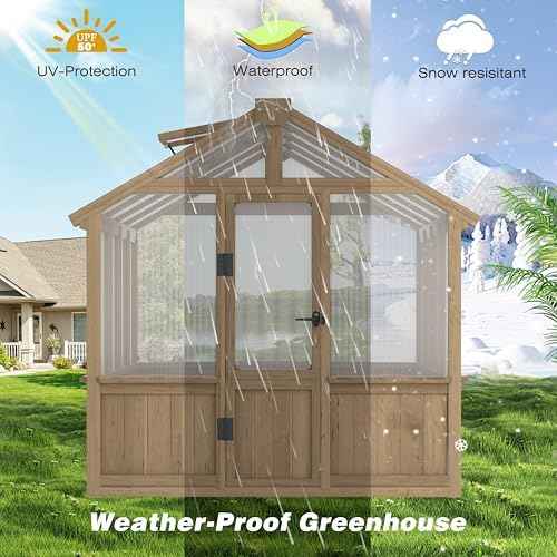 Mupater 6 x 8 FT Wooden Polycarbonate Greenhouse with Ventilated Window and Lockable Door, 6mm MWPC Panels for UV Protection, Walk-in Greenhouse for Outdoors, Backyard, Brown